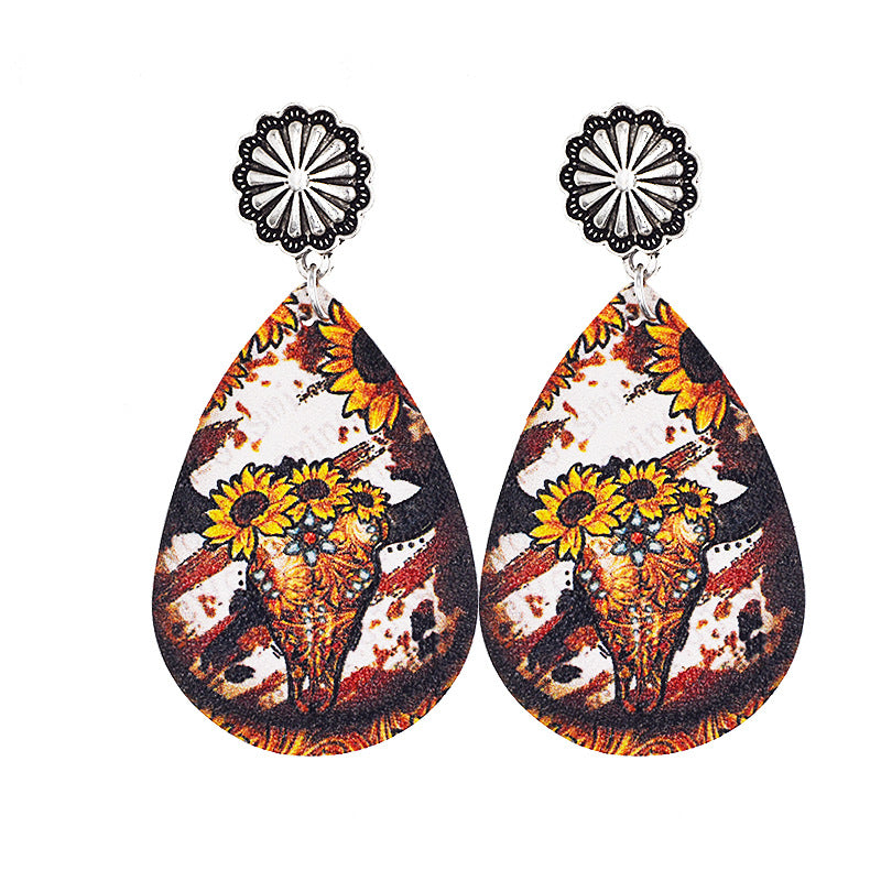 Wholesale Western Denim distressed style sunflower leopard leather earrings