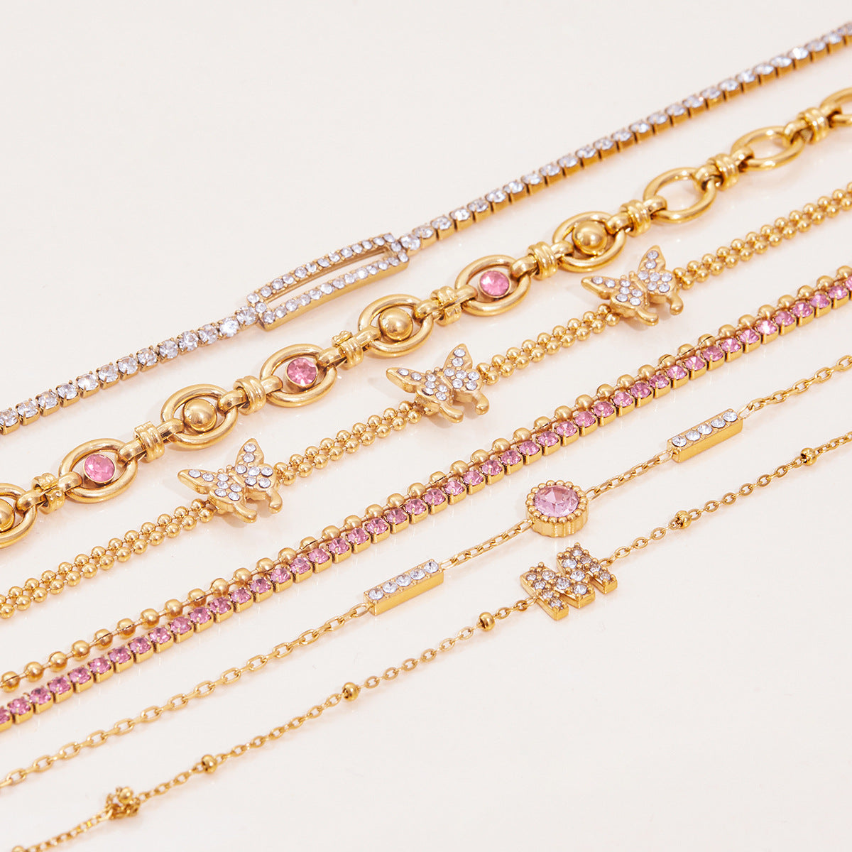 Wholesale  18K Gold Stainless Steel Bracelet Round Pink Zirconium Round Bracelet