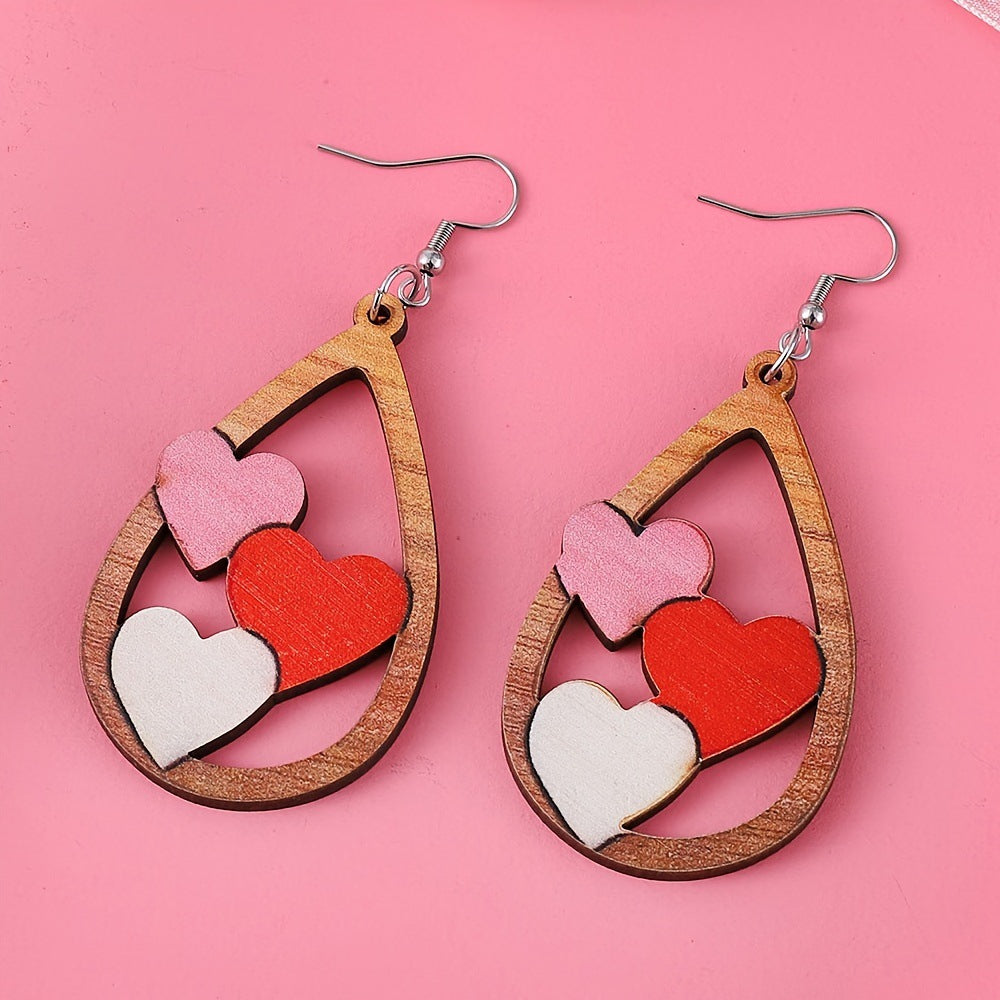 Wholesale 2PCS Wooden Valentine' s Day Heart Earrings