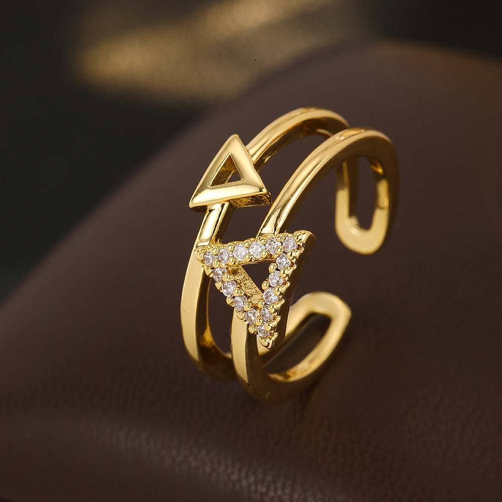 Wholesale Trendy Double Layer Geometric Open Ring Triangle Hollow Design Gold Copper Zircon Women S Everyday Jewelry