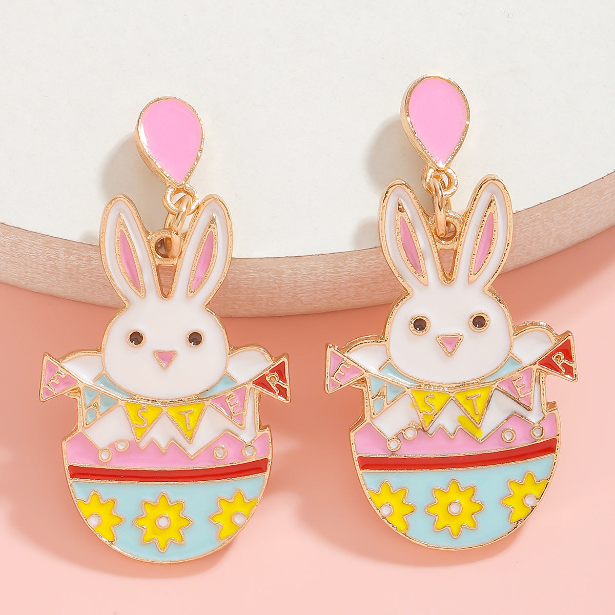 Wholesale Cute Easter Bunny Ear Dangle Earrings with Happy Lettering and Enamel Finish