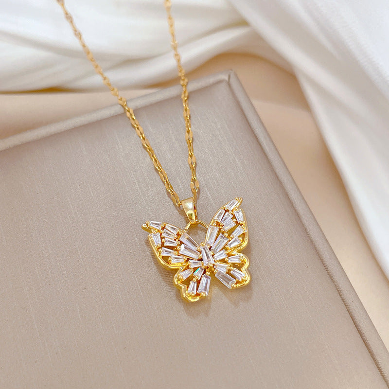 Wholesale Stainless Steel Rhinestone Butterfly Clavicle Chain Necklace for Women Trendy Layering Jewelry Gift