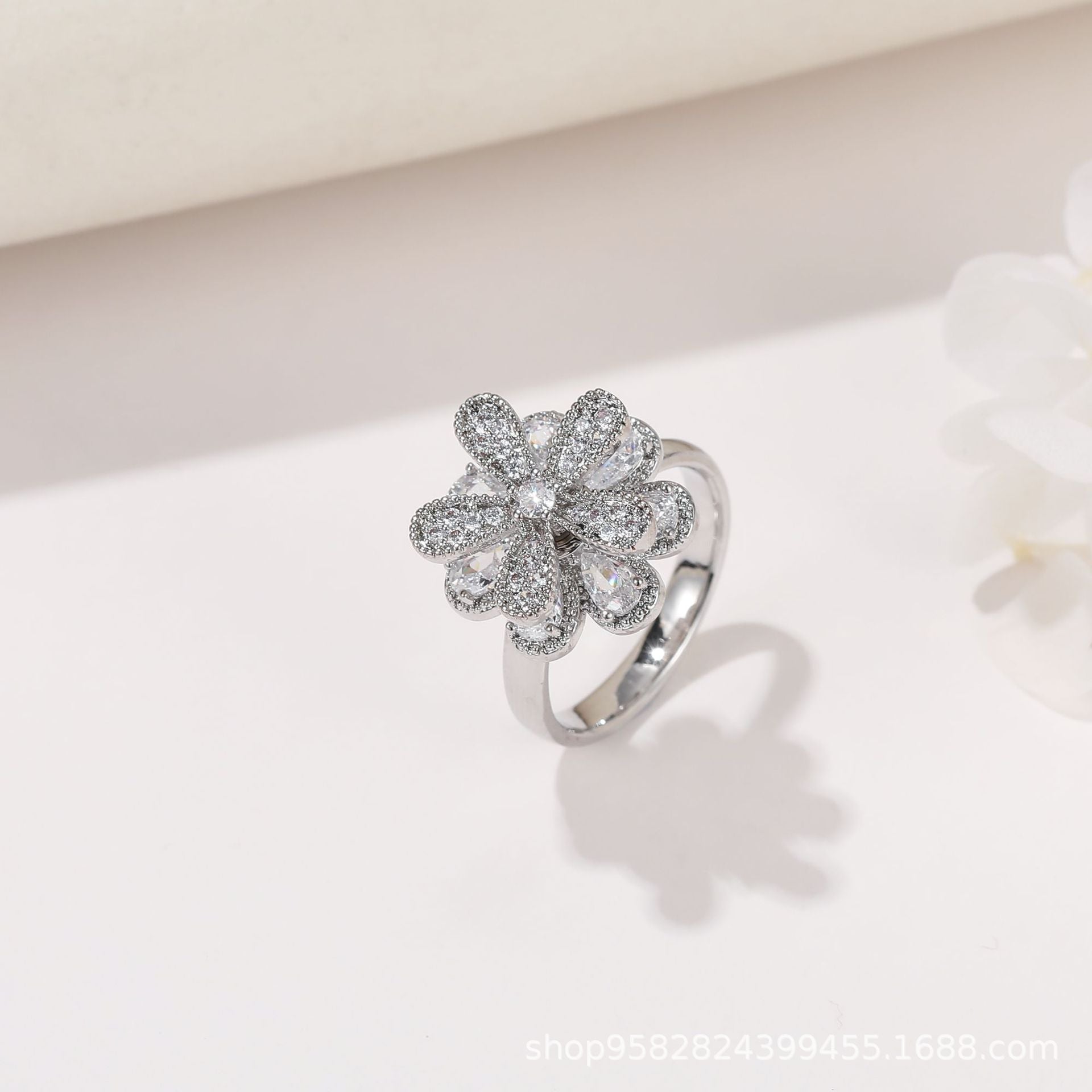Wholesale 360° Rotating Double-Layer Flower Ring Gold Plated Zircon Fashion Accessory Boutique Gift