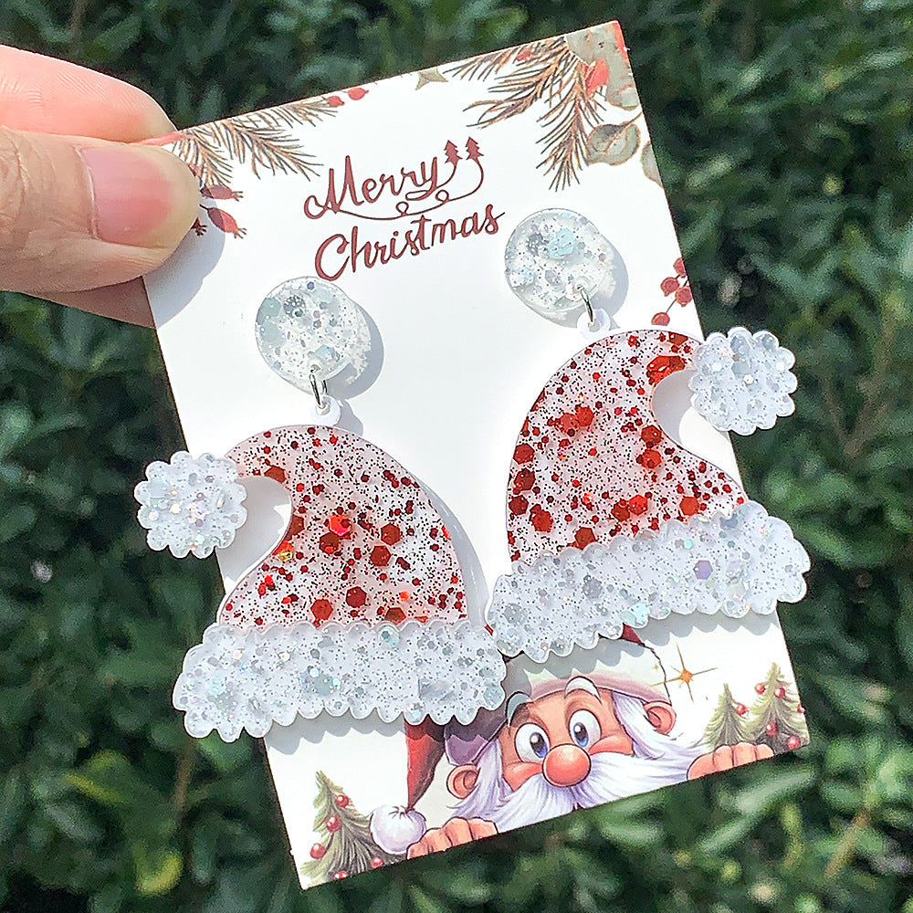 Wholesale Christmas Acrylic Pink Shiny Colorful Christmas Hat Earrings