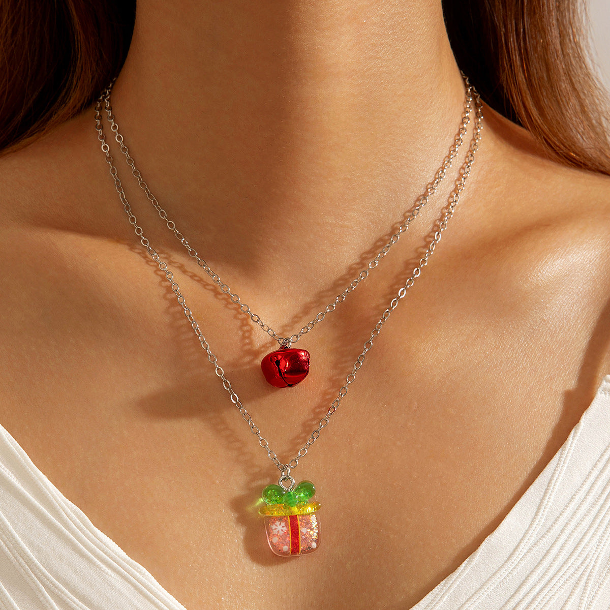 Wholesale Christmas style double-layer bell  Christmas tree elk clavicle necklace