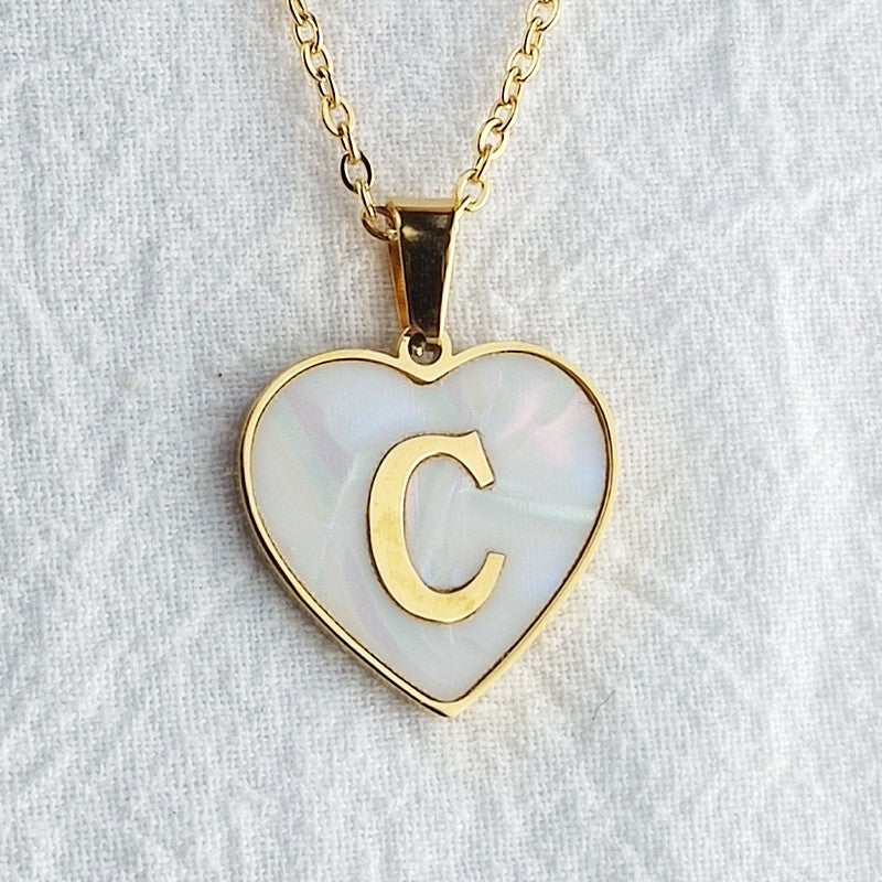 Wholesale 26 English Letters Heart Inlaid Shell Titanium Steel Necklace ACC-NE-DingChao002