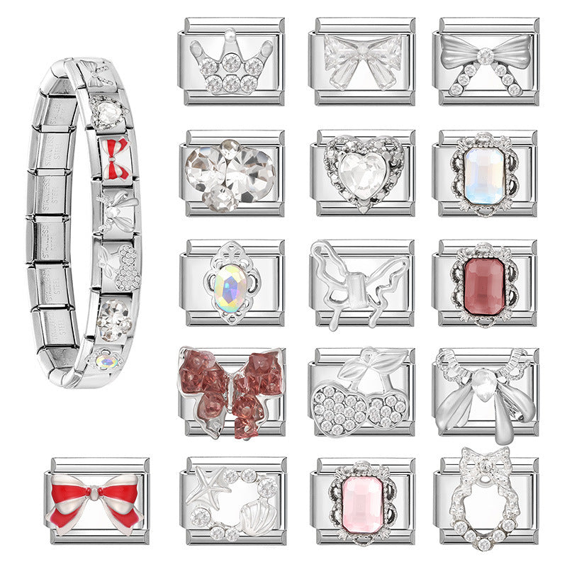 Wholesale Heart Bow Crystal Cherry Stainless Steel DIY Bracelet Charms Jewelry Accessory for Resale