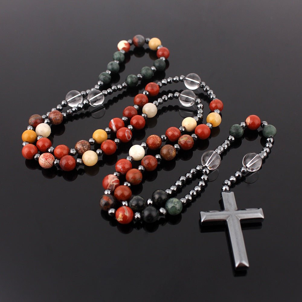 Wholesale  Natural Stone Round Beads Long Chain Black Gallstone Cross  Necklace