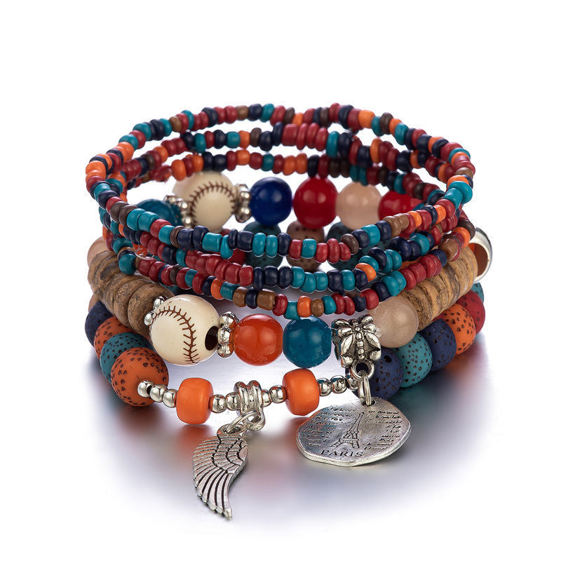 Wholesale colorful bohemian ethnic style multi-layer elastic rice beads bracelet