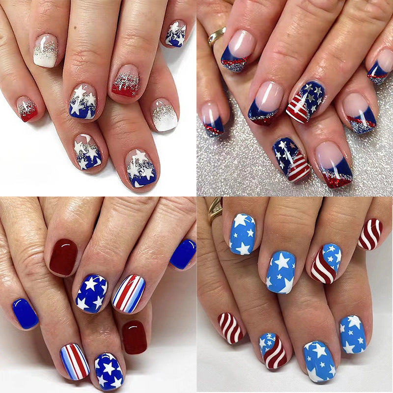 Wholesale 96 Pieces/4 boxes American Independence Day Glitter Powder Five-pointed Star Manicure Press-on Nails Kits Nail Stickers ACC-NS-GuaiXL032
