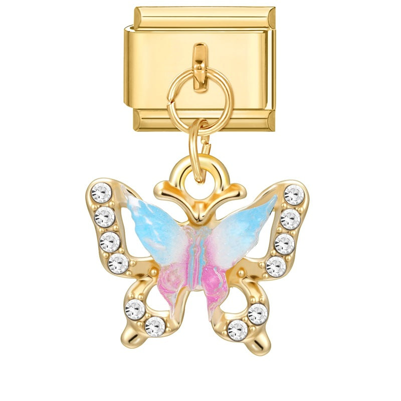 Wholesale Italian Charm Bracelet 9mm DIY Splicing Gold Butterfly Pendant Stainless Steel Composable Bracelet