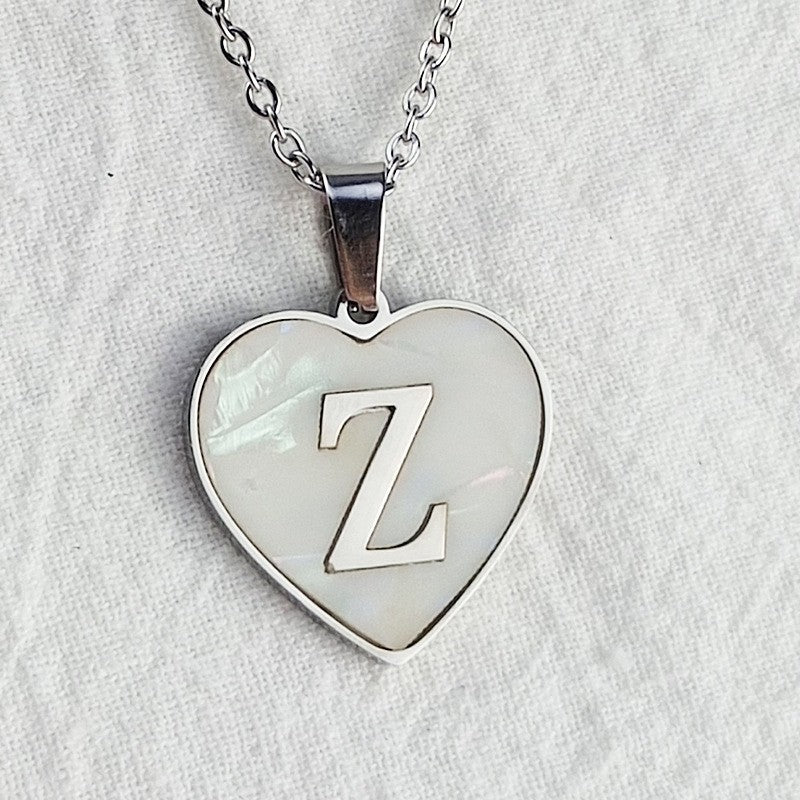 Wholesale 26 English Letters Heart Inlaid Shell Titanium Steel Necklace ACC-NE-DingChao002