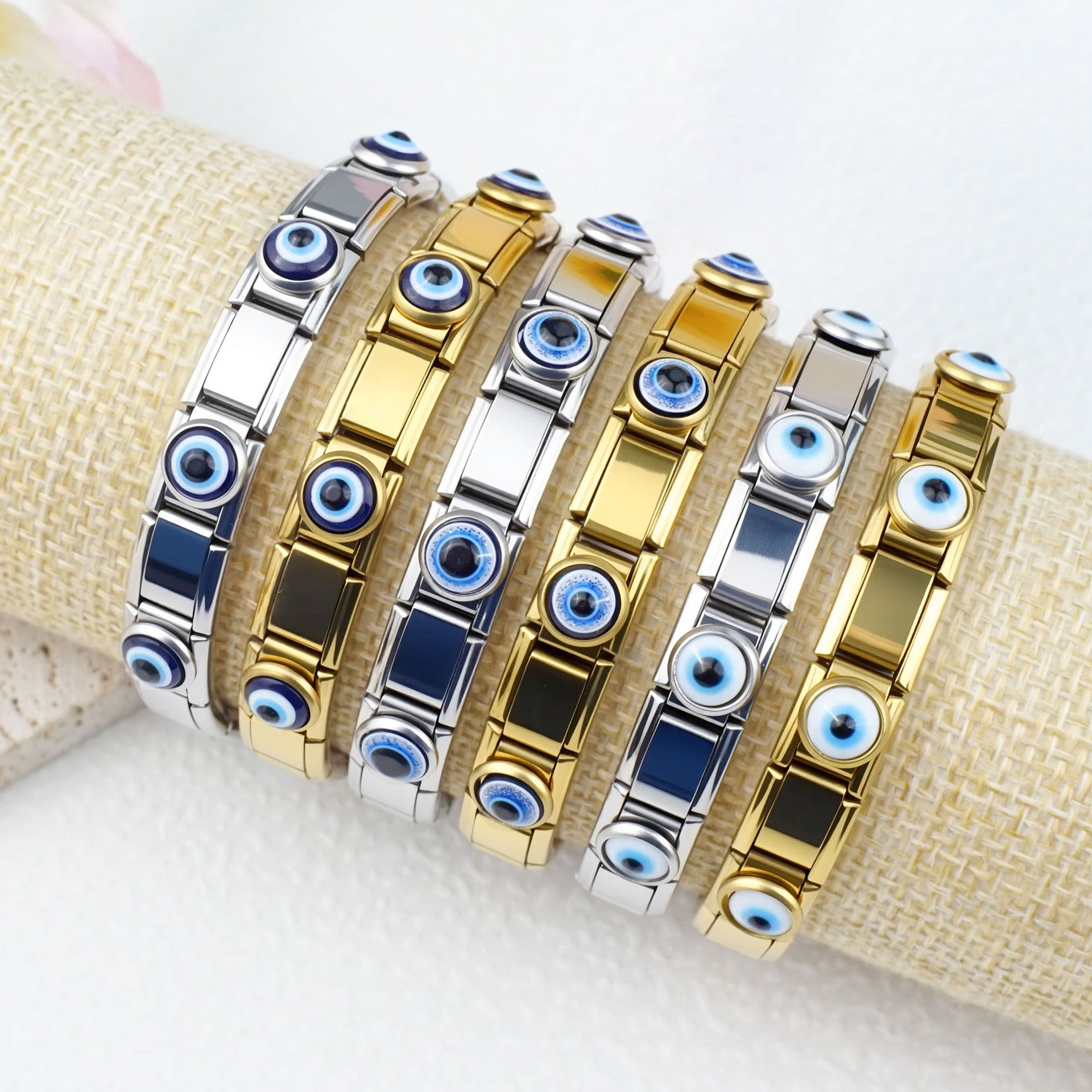 Wholesale 2pcs/pack 9mm Italian Charm Starter Bracelets DIY square Single Section Devil Eye Creative Stainless Steel Composable Bracelet