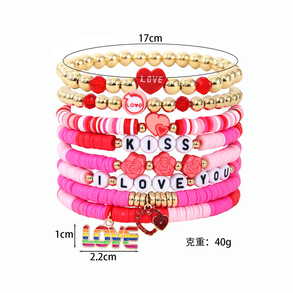 Wholesale 8pcs/set Rainbow Pearl Love Beaded Clay Bracelet Set