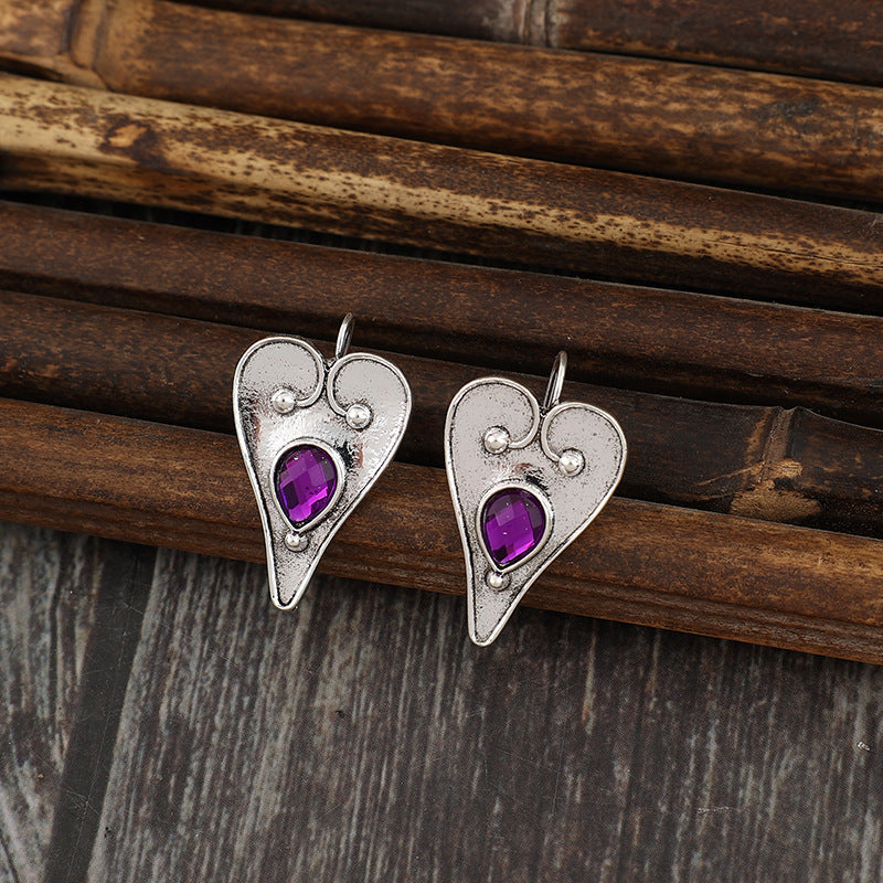 Wholesale Retro Bohemian Heart-Shaped Purple Gemstone Inlay Alloy Earrings for Everyday Wear