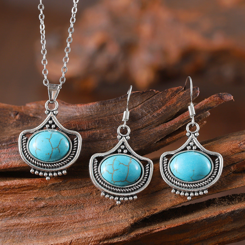 Wholesale Zinc Alloy Geometric Oval Gemstone Drop Earrings And Necklace Set Fashion Jewelry Accessory For Boutique Resale