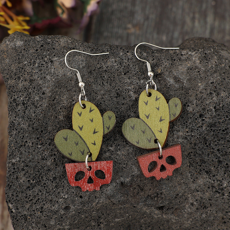 Wholesale  western style cactus potted mosaic simple fashion earrings wooden earrings