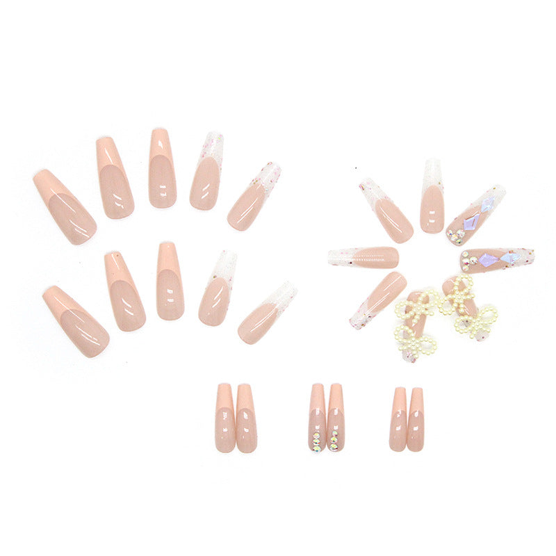 Wholesale 24 Pieces/box Nail Stickers Pearl Bow Rhinestone Manicure Press-on Nails Kits ACC-NS-QiHeng001