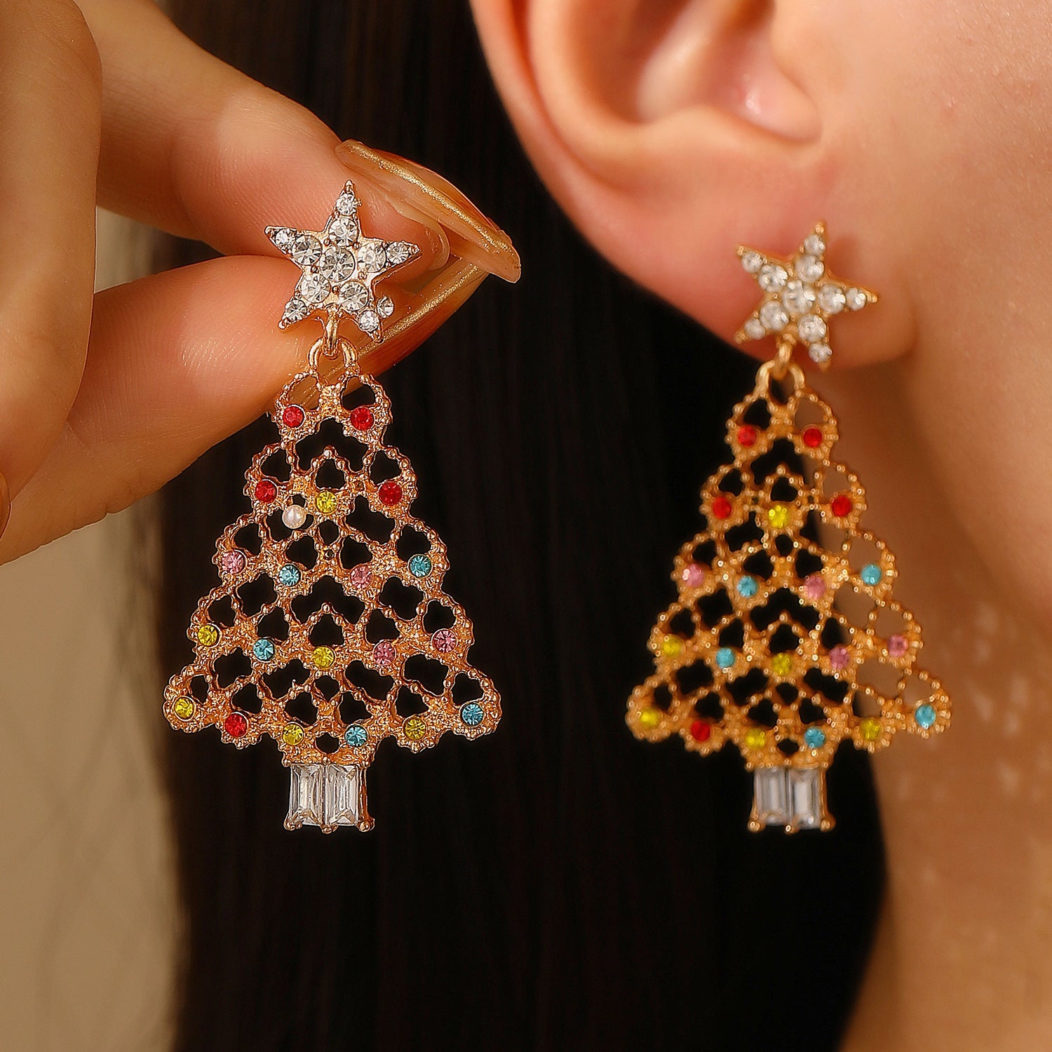 Wholesale Christmas Tree Earrings For Women Colorful Rhinestone Gold Tone Party Jewelry Gift