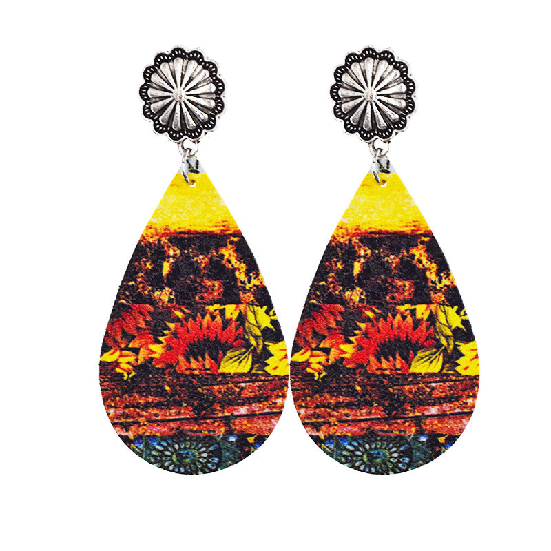 Wholesale Western Denim distressed style sunflower leather earrings