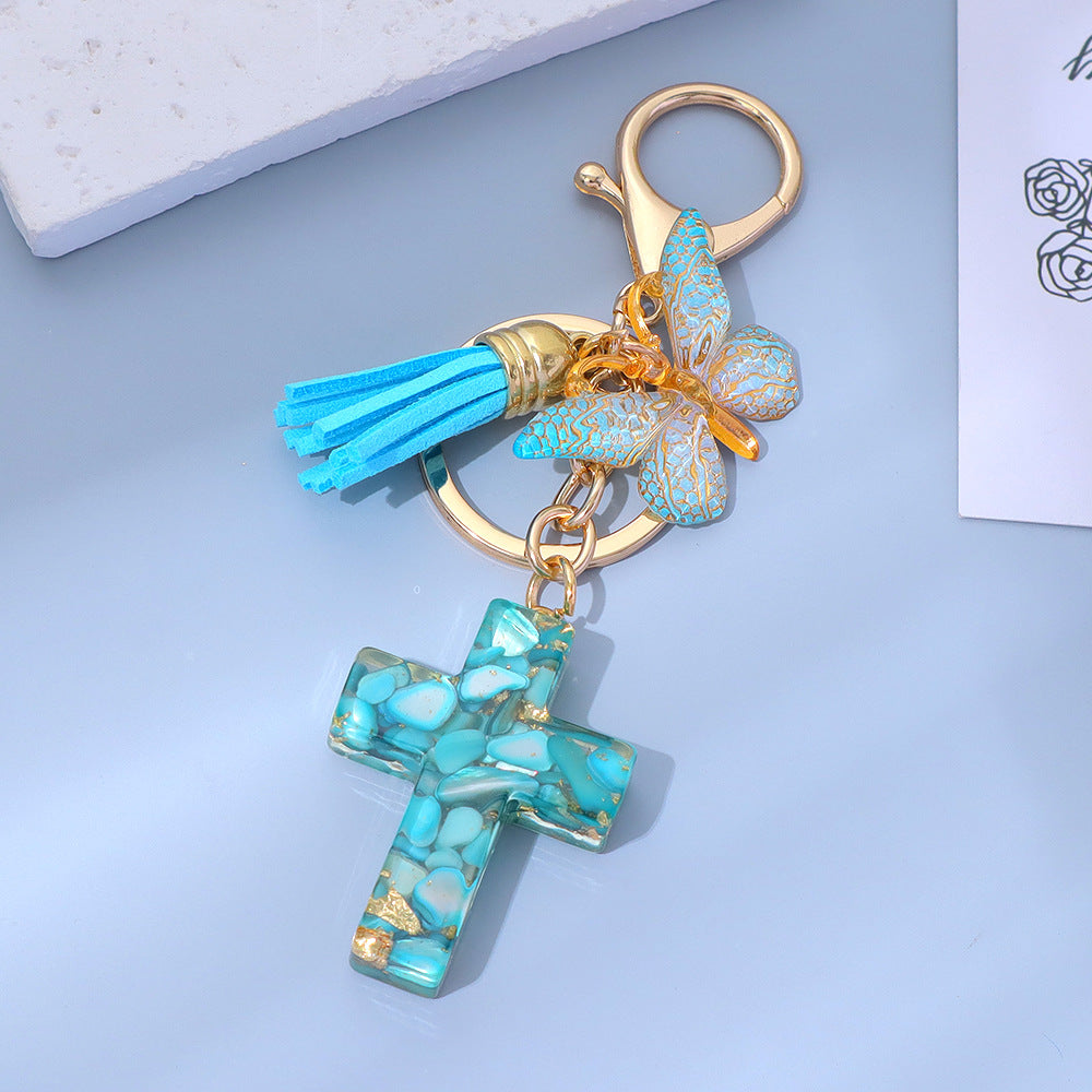 Wholesale Little Fresh Resin Butterfly Cross Keychain Tassel Bag Pendant Boutique Resale