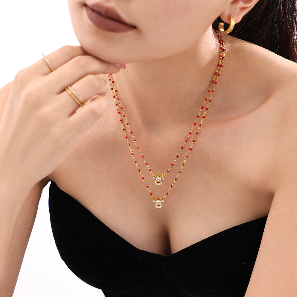 Wholesale Stainless Steel Christmas Bell Elk Zircon Necklace