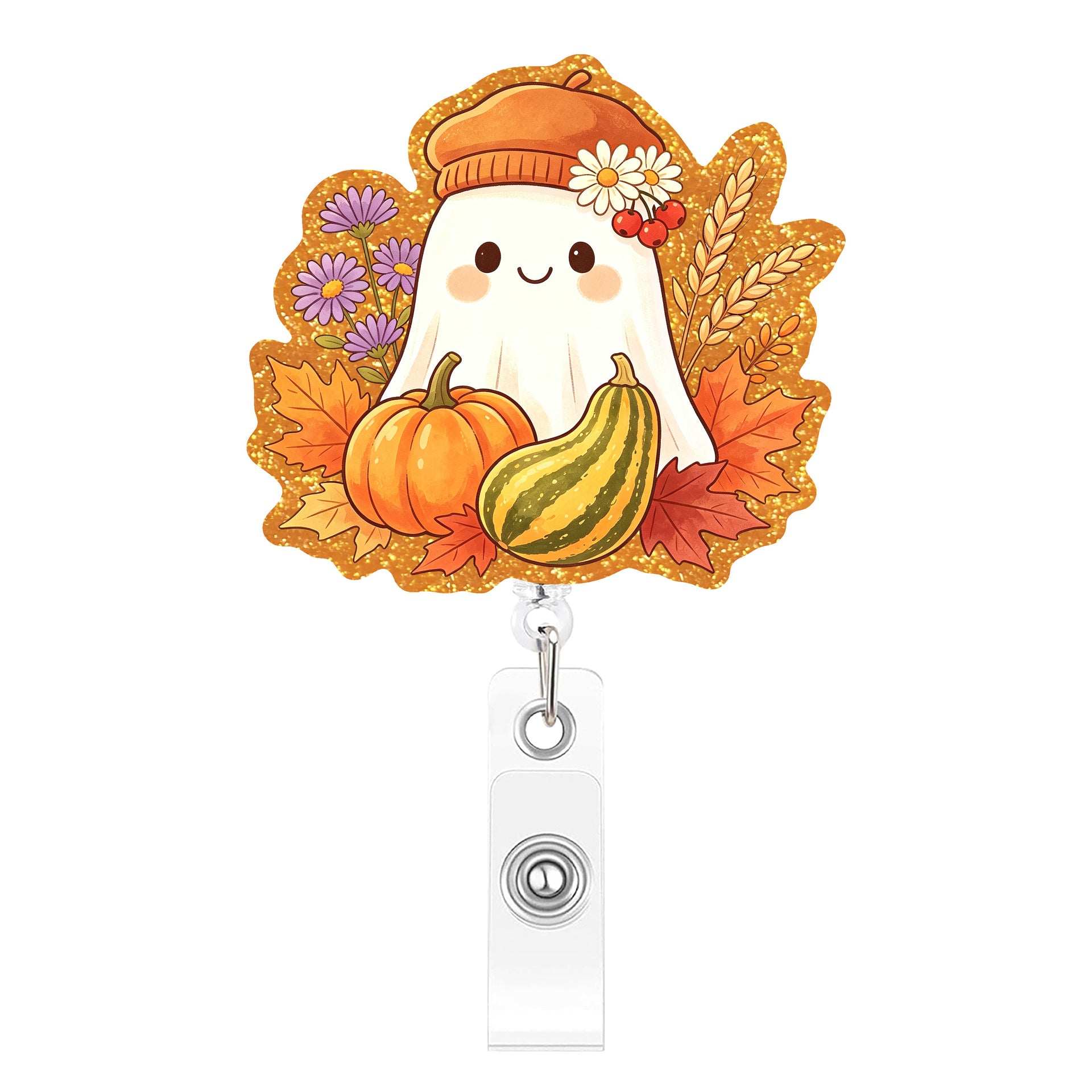 Wholesale Acrylic Gold Glitter BOO Thanksgiving Retractable Badge Reel Autumn Pumpkin Maple Leaf Design Fashion Accessory