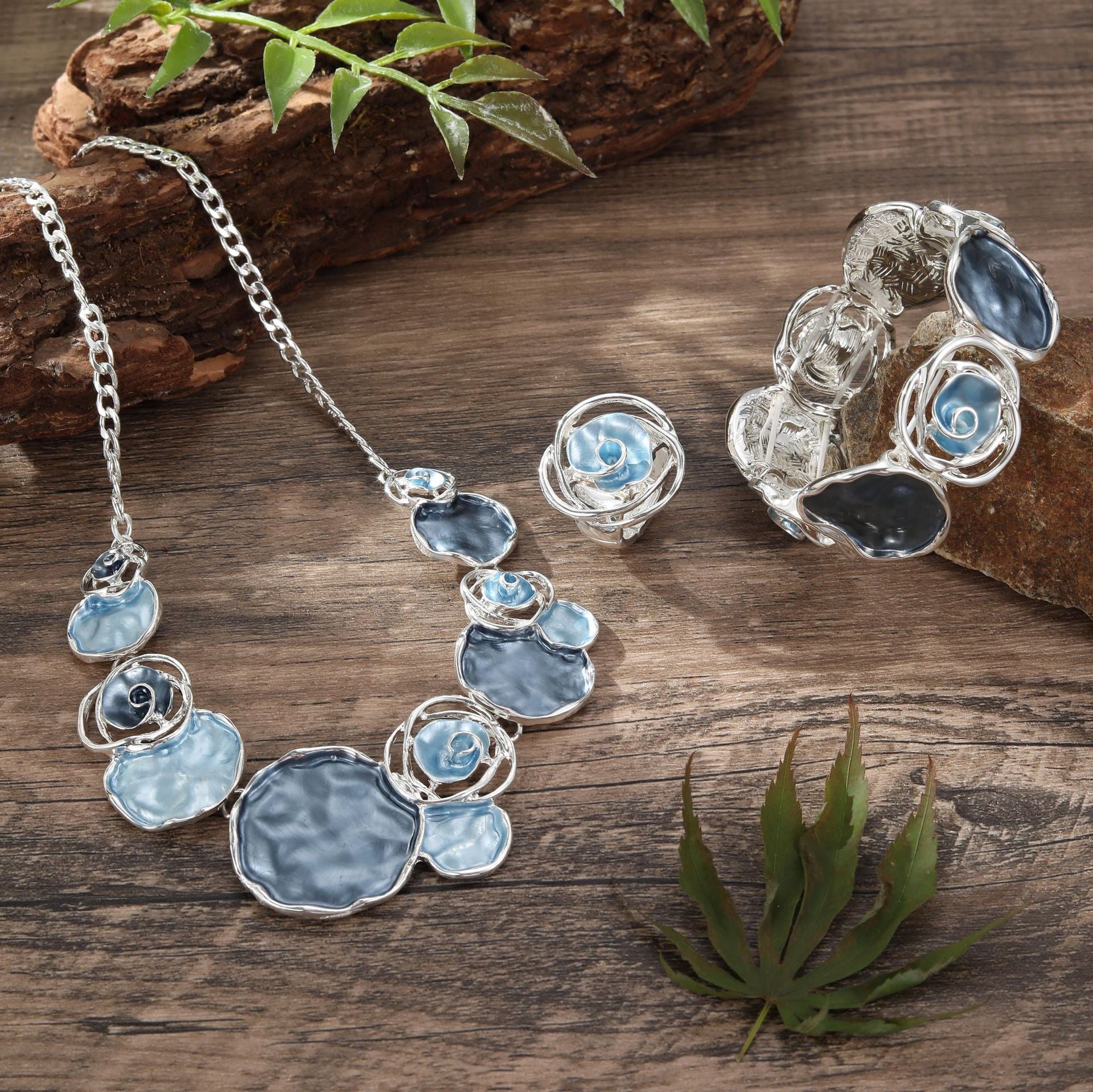 Wholesale Colorful Oil Painting Rose Flower Ring Bracelet Necklace Set ACC-NE-Taol004