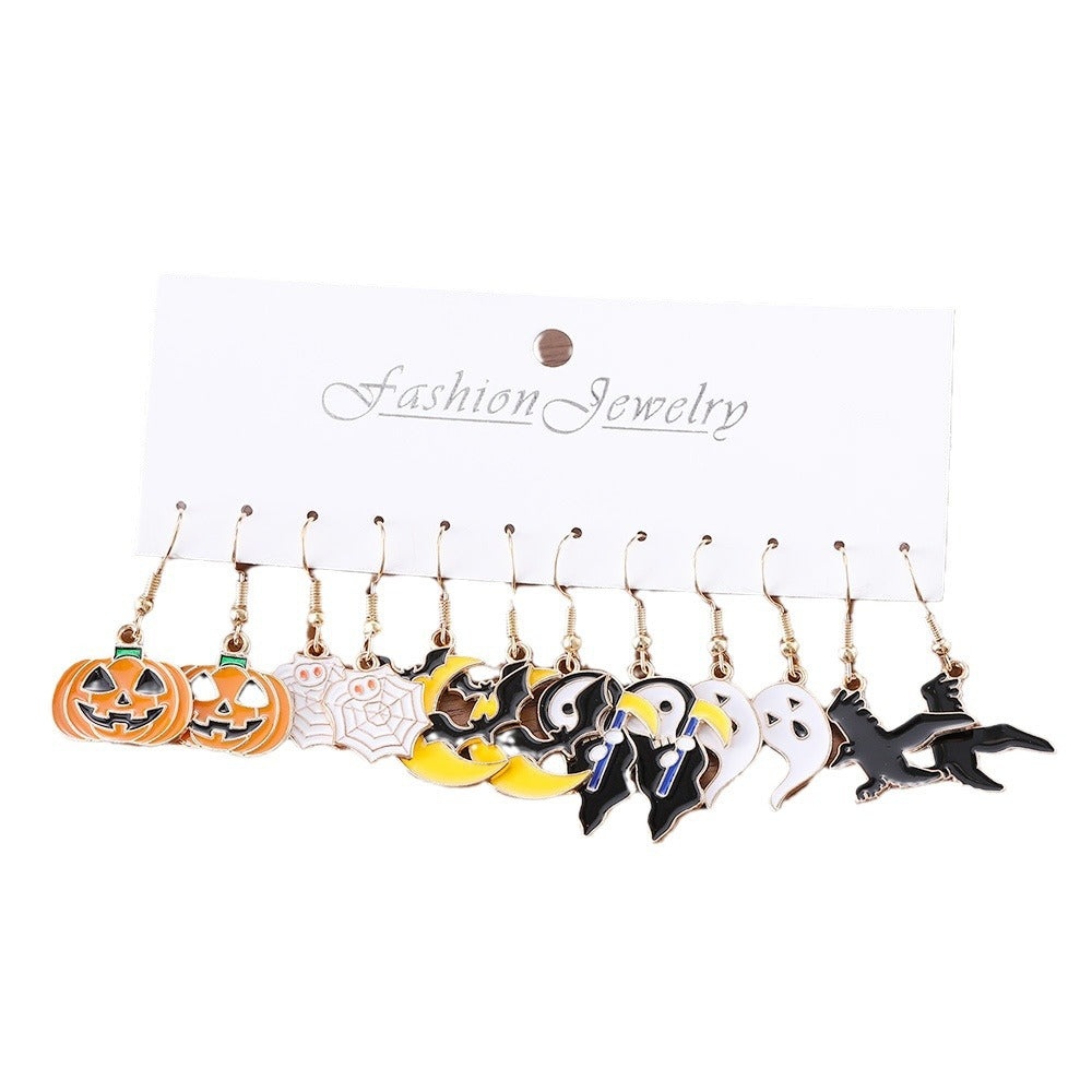 Wholesale Zinc Alloy Electroplated  Pumpkin Skull 6 Piece Pendant Earring Set Witch Ghost Theme Trendy Party Gift Jewelry Accessory