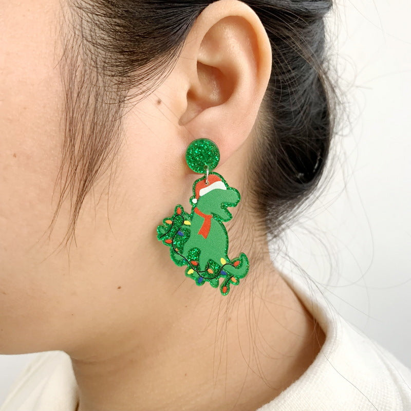 Wholesale Christmas Dinosaur Santa Hat Acrylic Glitter Scarf Earrings ACC-ES-XueP035