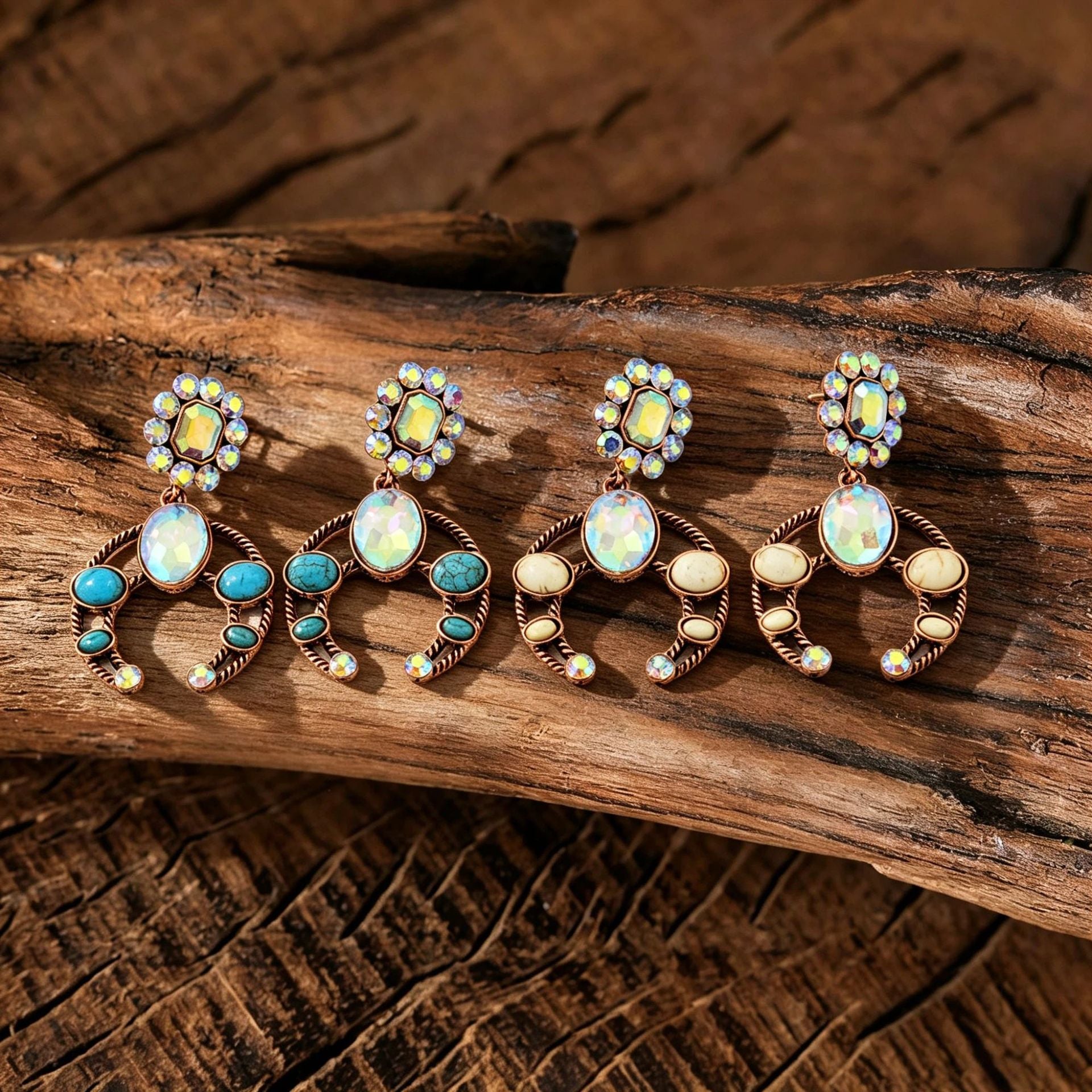 Wholesale Zinc Alloy Electroplated Crescent Blue Turquoise Stud Earrings With Rhinestones Stylish Fashion Accessory For Women