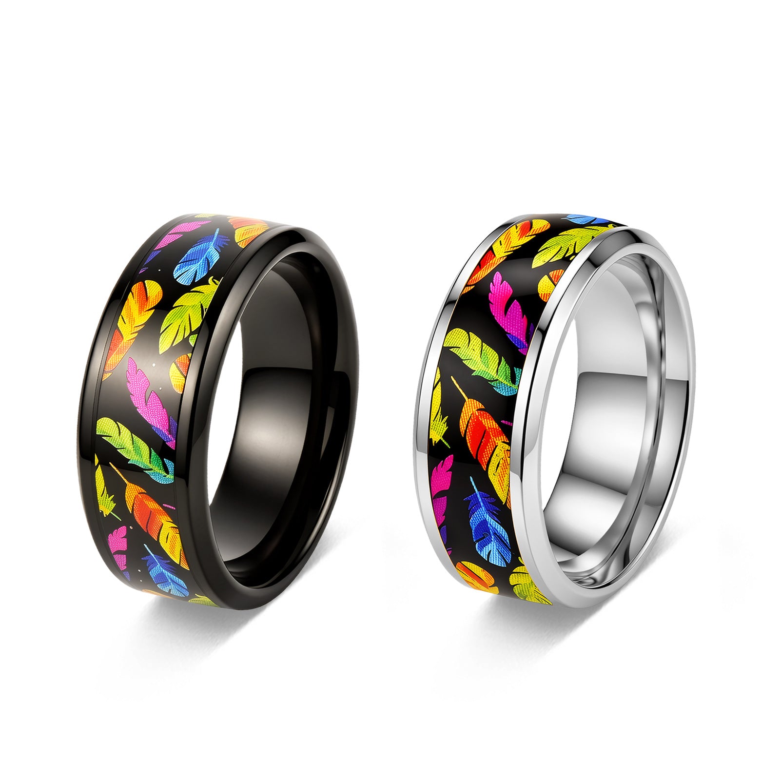 Wholesale Rainbow Feather Print Stainless Steel Ring European American Style Fashion Jewelry Accessory