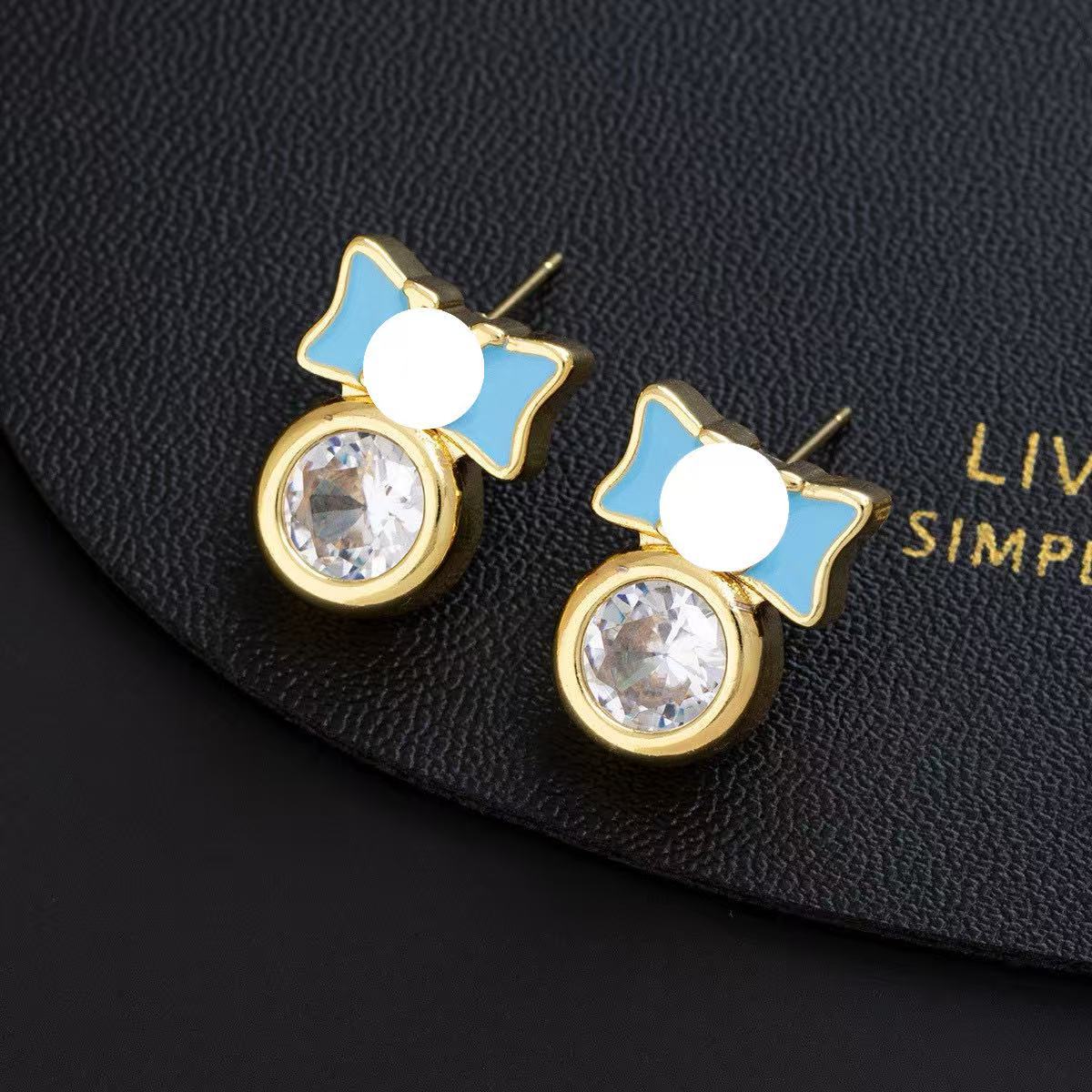 Wholesale French Chic Colorful Zircon Bow Earrings Gold Blue Gold Plated Copper Jewelry Accessory Trendy Party Gift