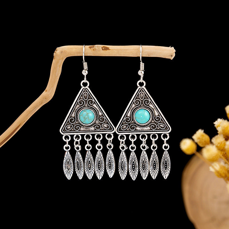 Wholesale Retro Ethnic Style Blue Turquoise Hollow Ring Flower Tassel Earrings Jewelry Accessory