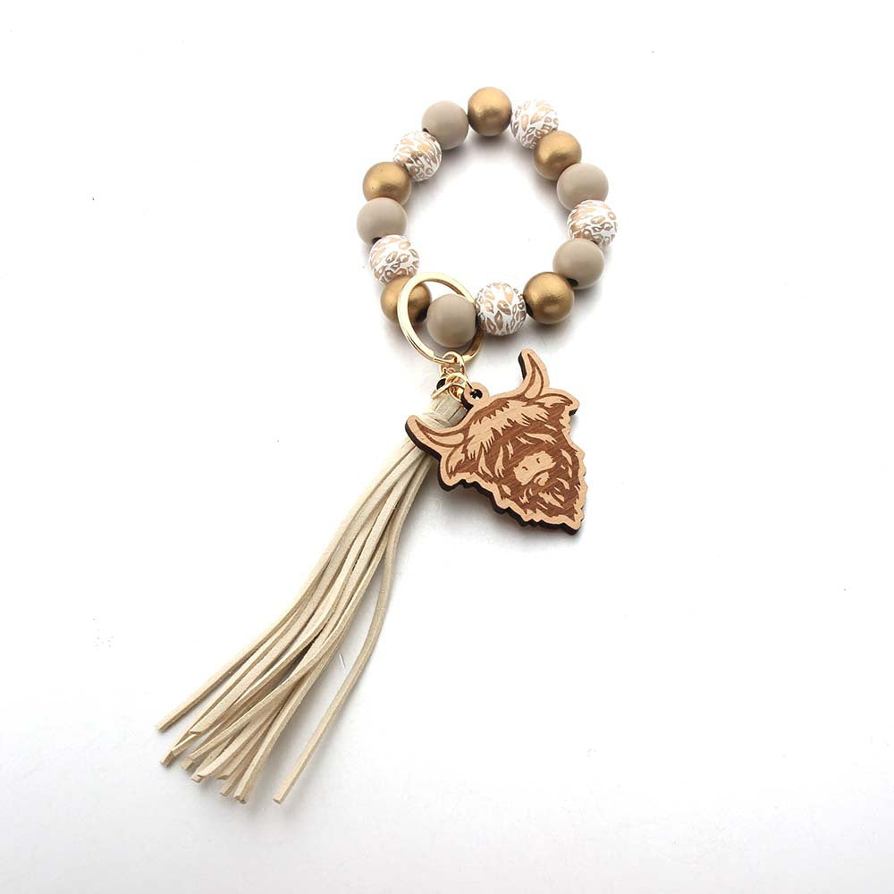 Wholesale Western Style Cow Tassel Wood Beads Beaded Wristlet Keychain ACC-KC-JinAn014