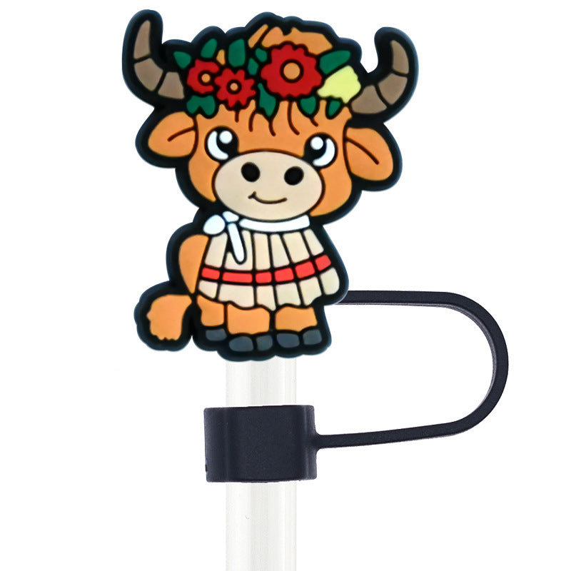 Wholesale Random 100pcs Cartoon West Highland Cattle 10mm Straw Tube Cap ACC-SCR-RYY066