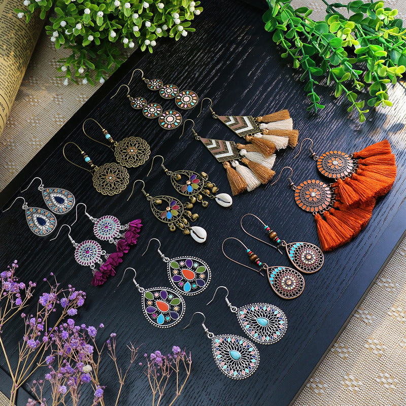 Wholesale Retro Ethnic Tassel Earrings Alloy Oil Drop Jewelry Accessory