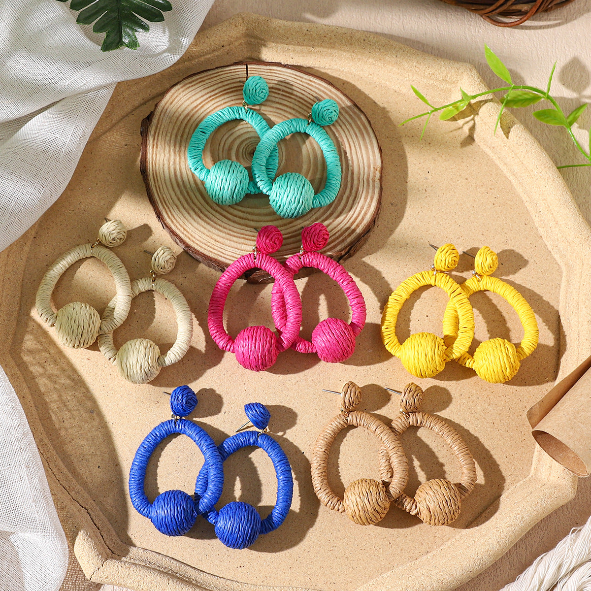 Wholesale Bohemian Exaggerated Raffia Earrings Hand Woven ACC-ES-XLH002