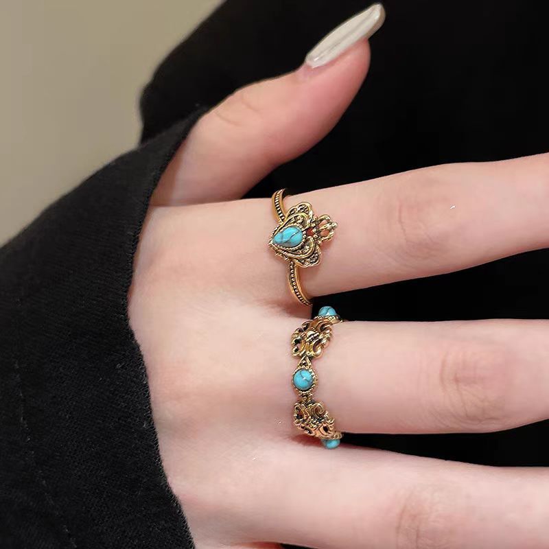 Wholesale Vintage Distressed  Turquoise Crown Iris Flower Opening Ring