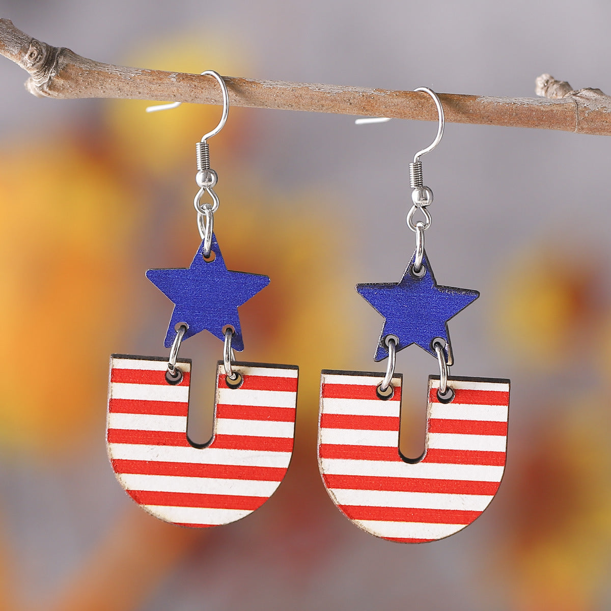 Wholesale of American Independence Day Red, White, Blue Striped Star Ice Cream Patchwork Wooden Double-sided Earrings ACC-ES-ChuLian009