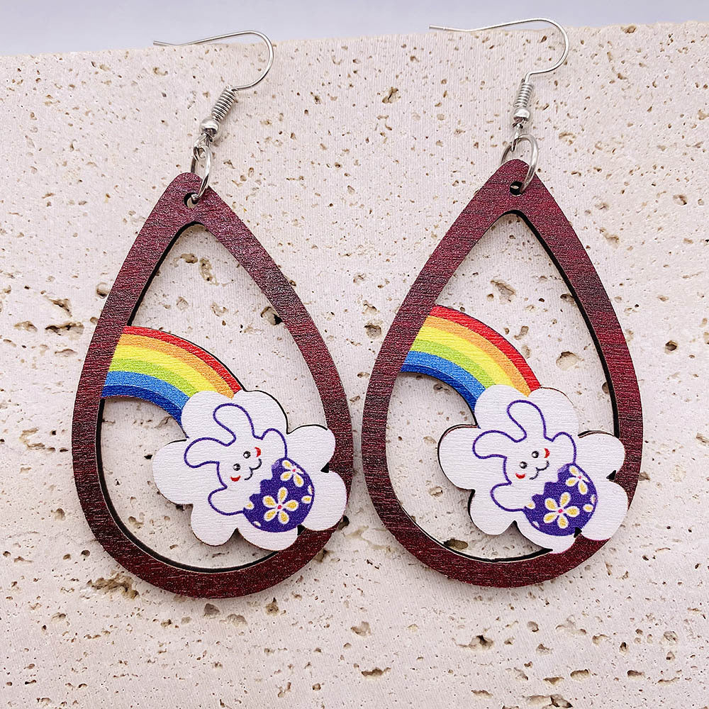 Wholesale Easter Rainbow Wooden Earrings  Teardrop Rabbit Earrings