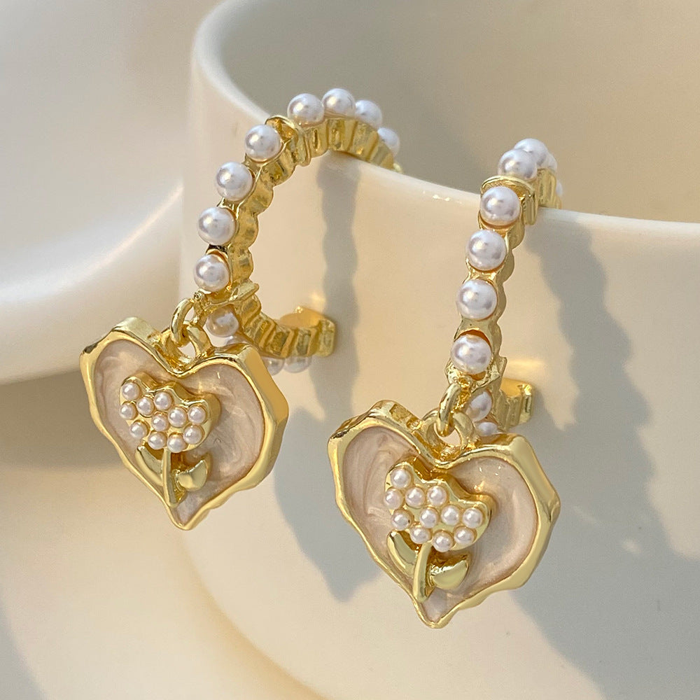 Wholesale Rose Love Earrings Alloy Inlaid Pearl Heart Shaped Flower Earrings ACC-ES-QW013