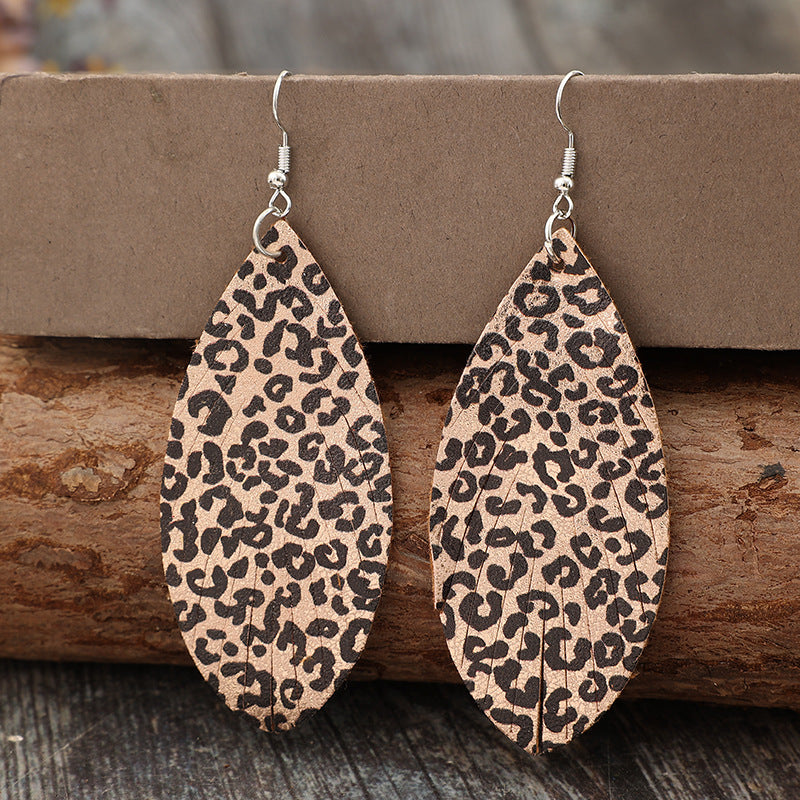 Wholesale  Bohemian Retro Leaf Print Random Leopard Tassel Leather Earrings