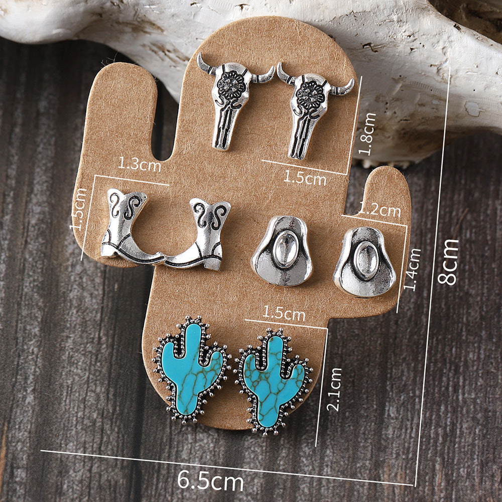 Wholesale Boots Hat Earrings Turquoise Cactus Four-piece suit