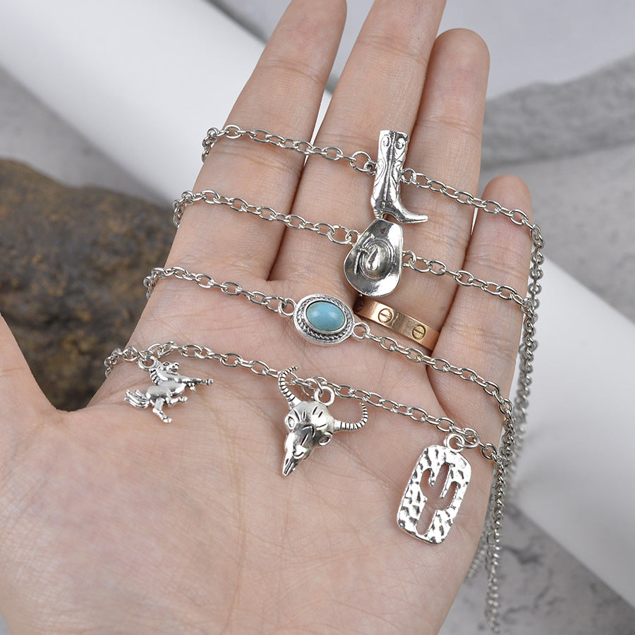 Wholesale Zinc Alloy Antique Silver Cowboy Bracelet Set With Hat Bull Head Boots Charms Vintage Fashion Jewelry Accessory Gift