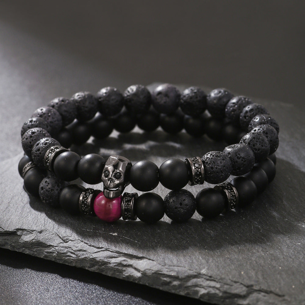 Wholesale Zircon Skull Volcanic Stone Beads Men's Bracelet