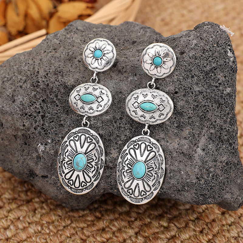 Wholesale retro Western wind turquoise oval earrings