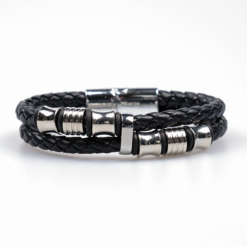 Wholesale Black Leather Rope Men's Double-layer Braided Leather Bracelet