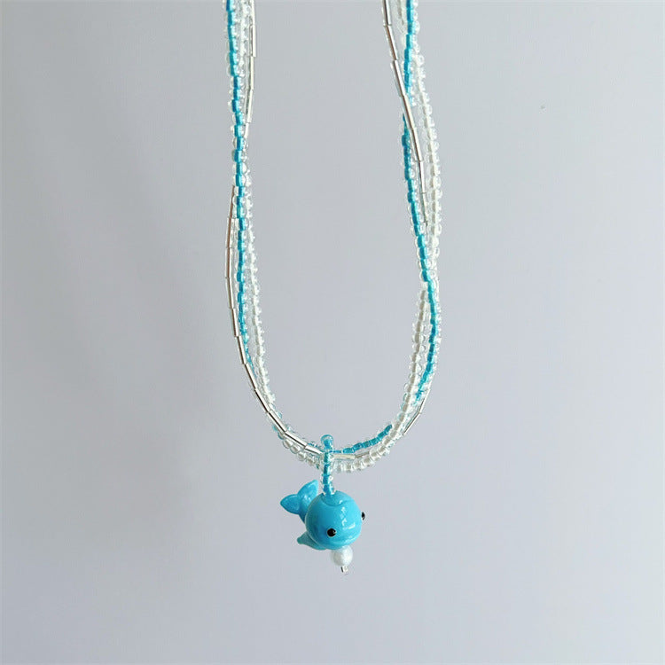 Wholesale Colorful Summer Dopamine Small Fish Pendant Blue Beaded Necklace