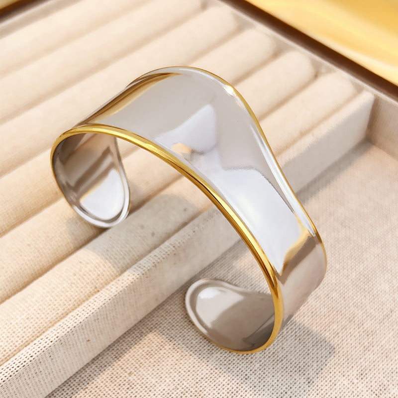 Wholesale Stainless Steel Bangle with 18K Metallic Finish and Two-Tone Gold Open Design
